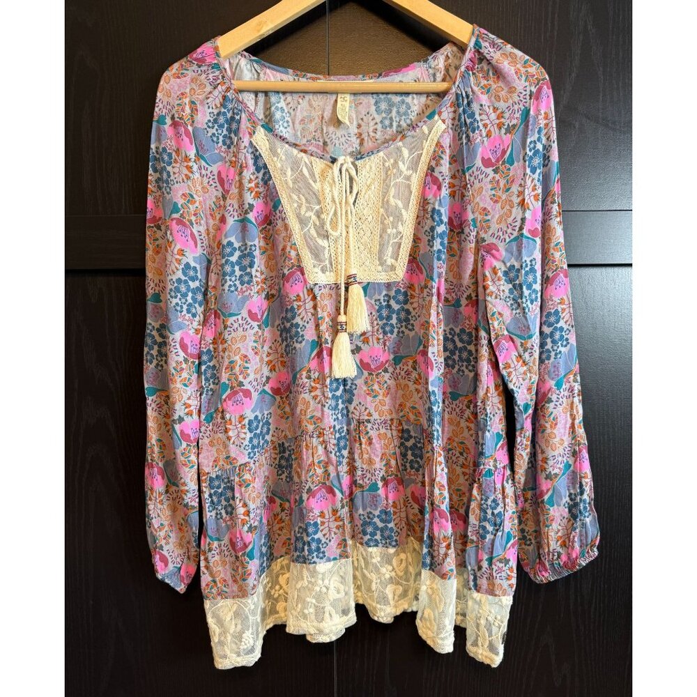 Matilda Jane Floral Sew Perfect Tiered Lace Peasant Blouse Small Long Sleeve